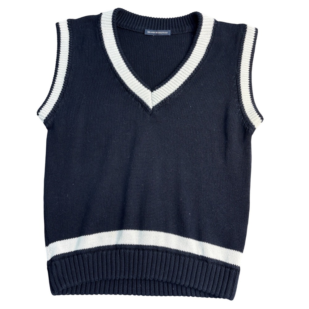 Brandy Melville Navy Blue White Trim V-Neck Knit Sweater Vest Preppy Collegiate